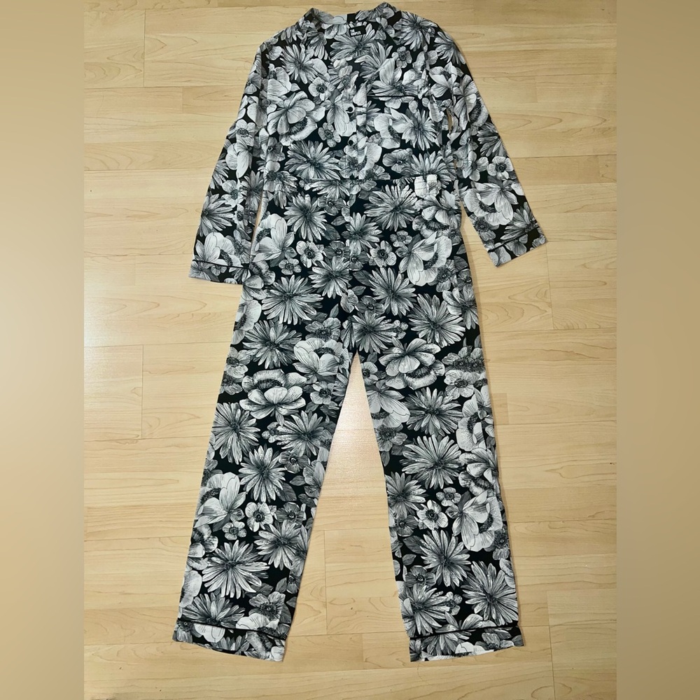 The Kooples Floral Silk Shirt & Pant Set - Black/White